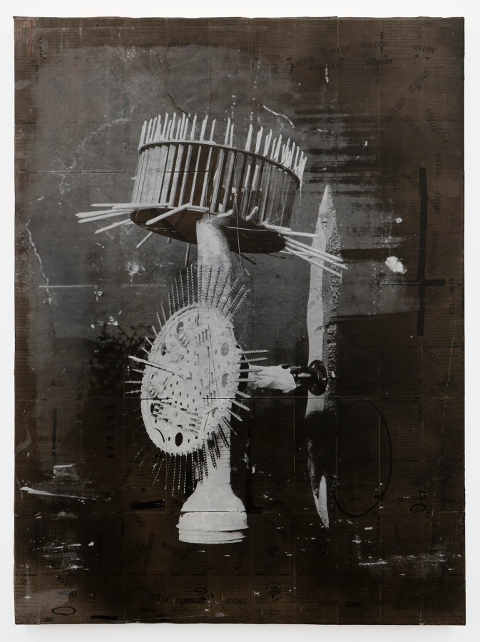Rodrigo Valenzuela, Weapons #2, 2021, Screenprint on collaged time cards on canvas, 48 x 36 in.