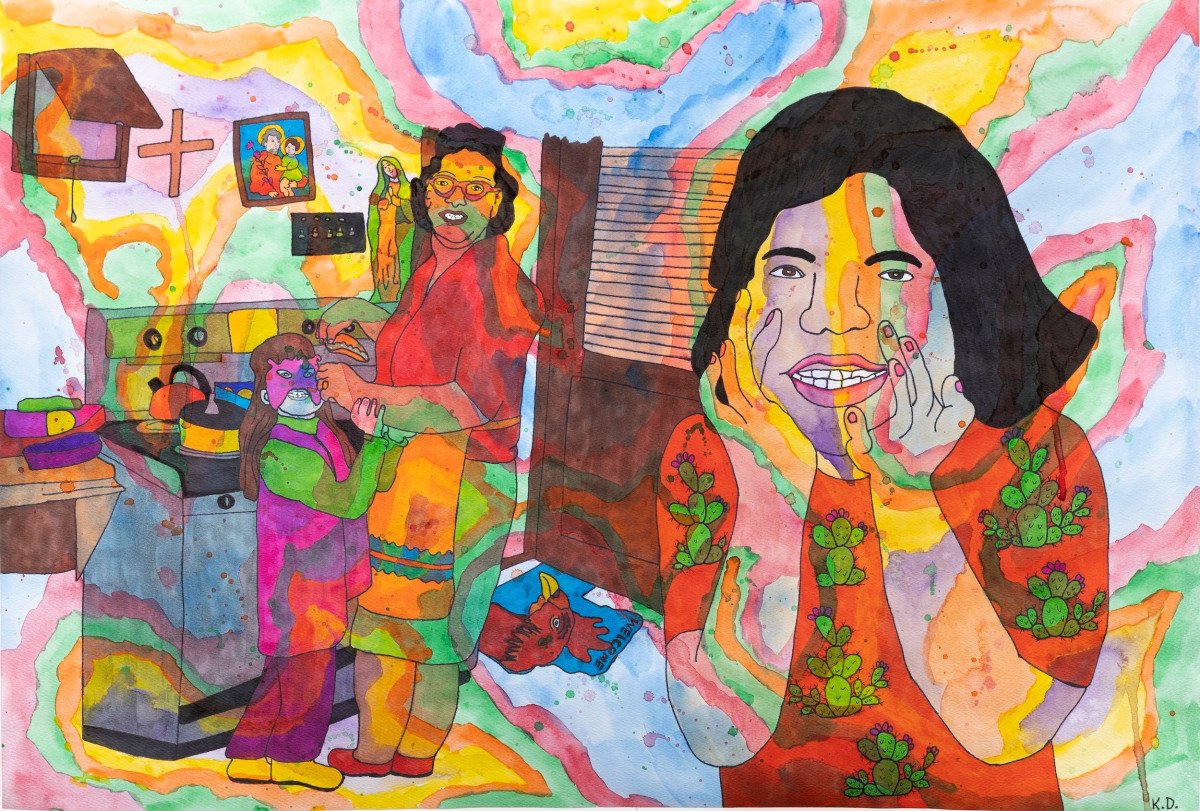 Karla Diaz, Lucha in Moms Kitchen, Watercolor and ink on paper, 15 x 22 in.