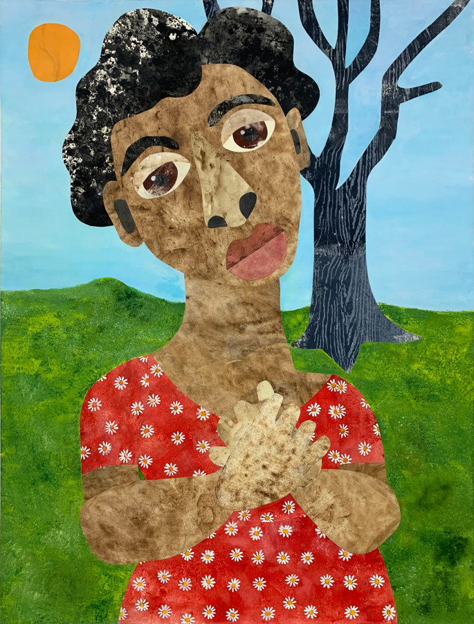 Evita Tezeno, The Sorrow in My Soul Runs Deep, 2022, Mixed media collage and acrylic on canvas, 48 x 36 in.