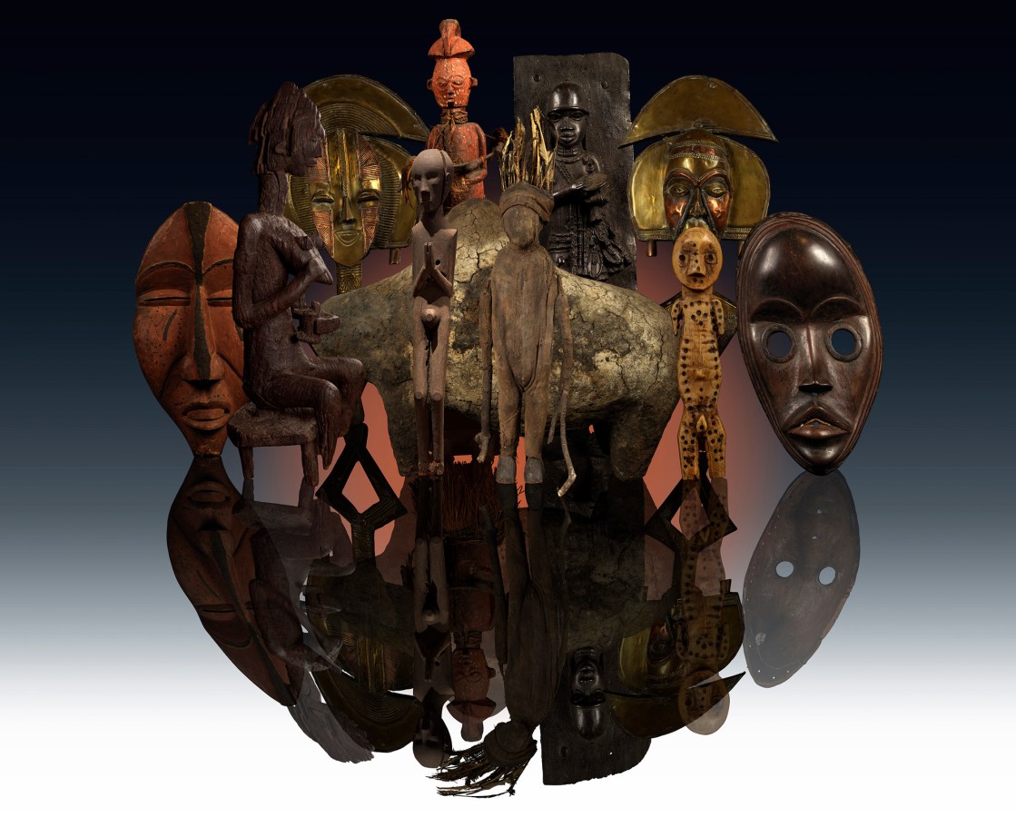 Ken Gonzales-Day Africa: (left) Republic of Congo, Mask; Mali, Mother and Child for the Gwan Assoc.; Kota Peoples, Obamba or Mindumu groups, Janus Reliquary Guardian Figure; Republic of the Congo, Figure of Hunter; Nigeria, Plaque; Republic of Congo, Figure; Liberia, Mask; (center) Indonesia, Magical Figure of the Toba Bakat, (Louvre); Cote d’Ivoire, Fetish Figure; Republic of Mali, Boli (Komo Society Altar) (all LACMA), 2019