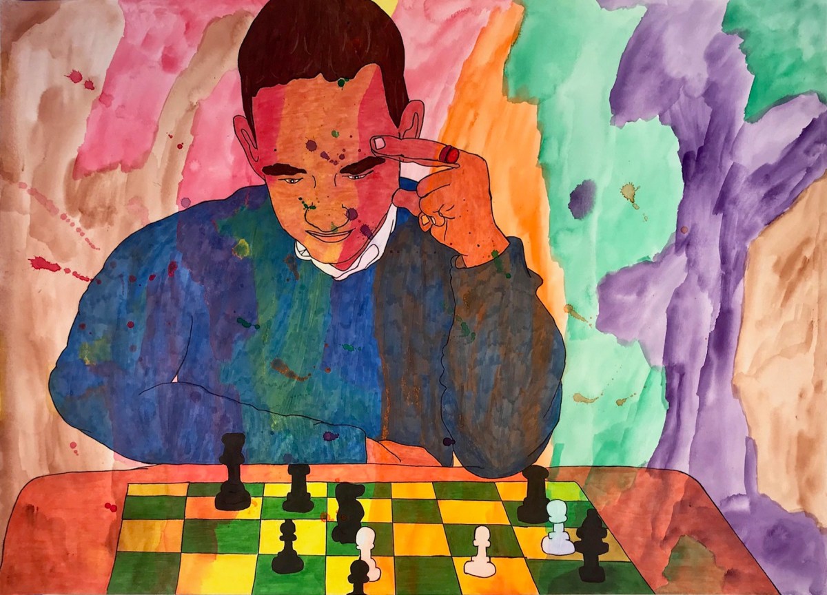 Karla Diaz, Chess with Jens, 2021, Watercolor and ink on paper
