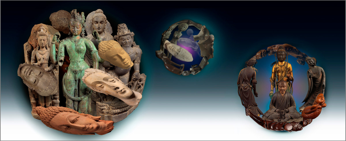 Ken Gonzales-Day Transformation: (left) Nepal, The Androgynous Form of Shiva and Parvati, (Ardhanarishvara); surrounded by, India, Head of Buddha Shakyamuni; Cambodia, Head of Buddha Shakyamuni; Indonesia, Brahma, the God of Creation; Pakistan, Buddha Shakyamuni; India, The Maharishi; India, Head of Buddha Shakyamuni; (center) Egypt, Figurine of the Goddess Bastet as a Cat, Royal Head, Nubian Female Figure, Statuette of Osiris, Foot, Baboon, Head of Osiris, Kneeling Priest Figurine in Worshipping Pose; (right) Japanese, Eleven-headed Kannon, Buddhist Layman, Melanesian with Drum, Amida Buddha; Unjudō Shumemaru, The Zen Priest Bukan; Japan, Monkey with Mermaid swimming to the Dragon King’s Palace (all LACMA), 2019