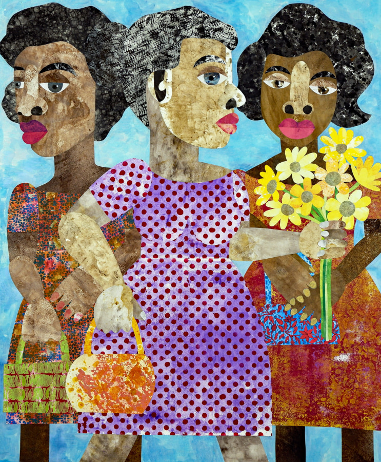 Evita Tezeno, Peace is often lost in the hustle and bustle of modern life, 2021, Mixed media collage on ragboard, ​39.5 x 40 in.