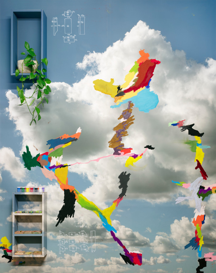 Photograph of clouds with a paint overlay sculpted over shelving