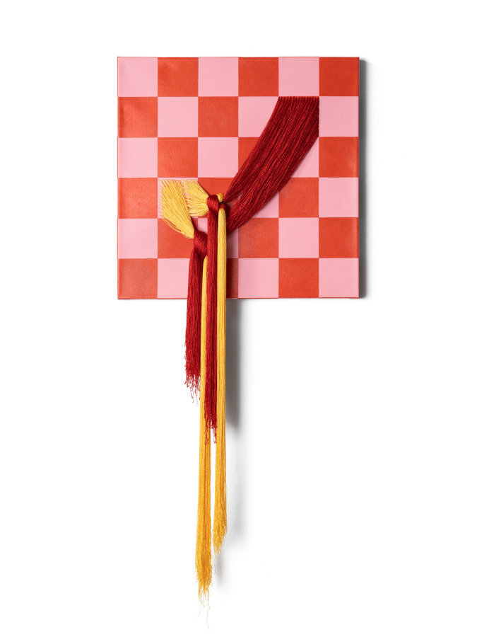 Liz Collins, Conjoined Checkers, 2022, Acrylic paint, canvas, rayon and wood, 52 x 24 x 2 in.