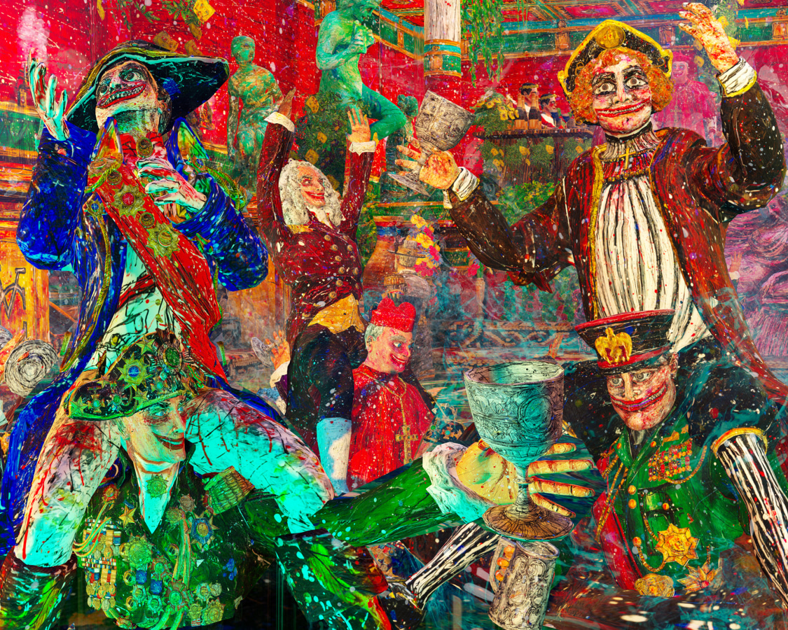 Screen grab from virtual reality experience with past rulers in a party scene