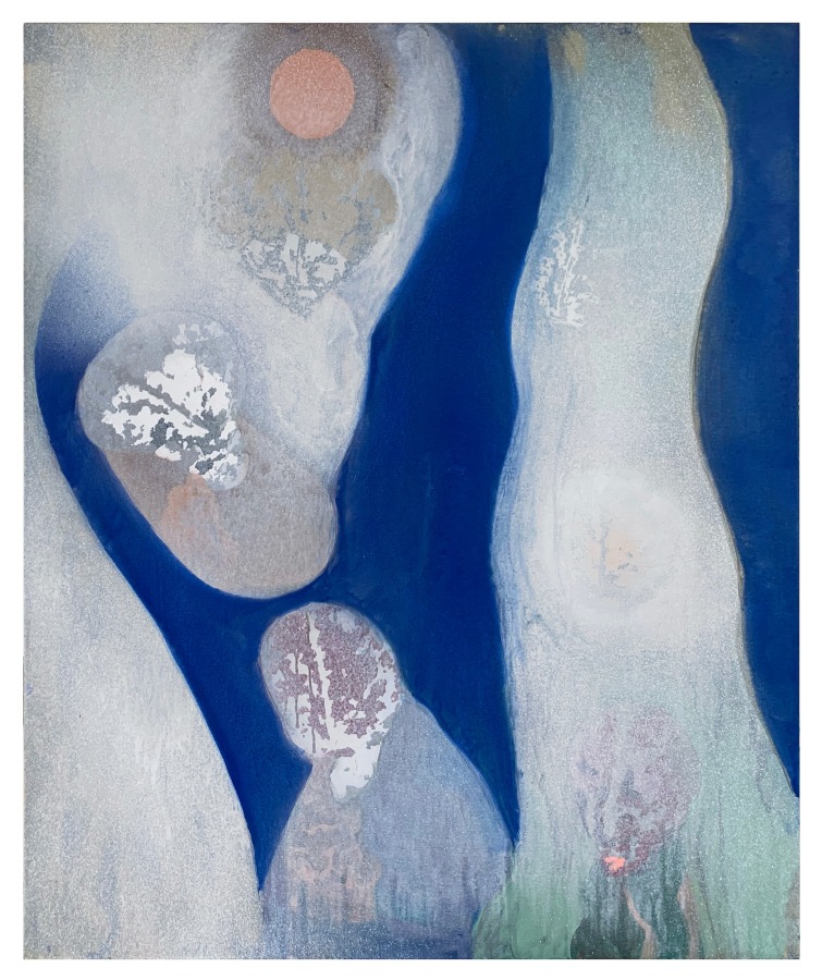 Nancy Evans, Banshee #5, 2020, Acrylic, silkscreen, and spray paint on canvas, 54 x 46 in.