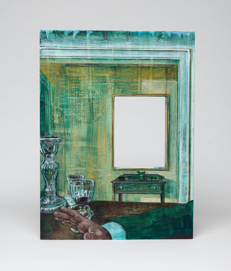 Laura Karetzky, Concurrence: Of Points and Palms, 2021, Double-sided oil on panel, 22.25 x 12.25 in