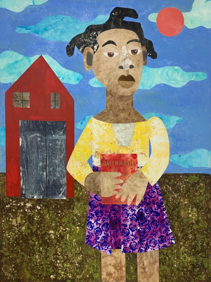 Evita Tezeno, First Day at My New School, 2021, Mixed media collage and acrylic on canvas, 48 x 36 in.