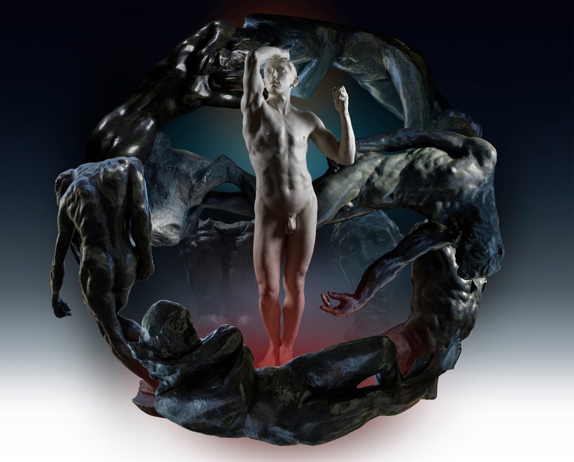 Ken Gonzales-Day Rodin: Auguste Rodin, The Age of Bronze (Auguste Ney) aka The Awakening Man (PAFA, Philadelphia); encircled by Rodin’s The Shade, Kneeling Female Faun, Eve, Marsyas aka Torso of The Falling Man, and Monumental Head of Pierre de Wissant (LACMA), 2019