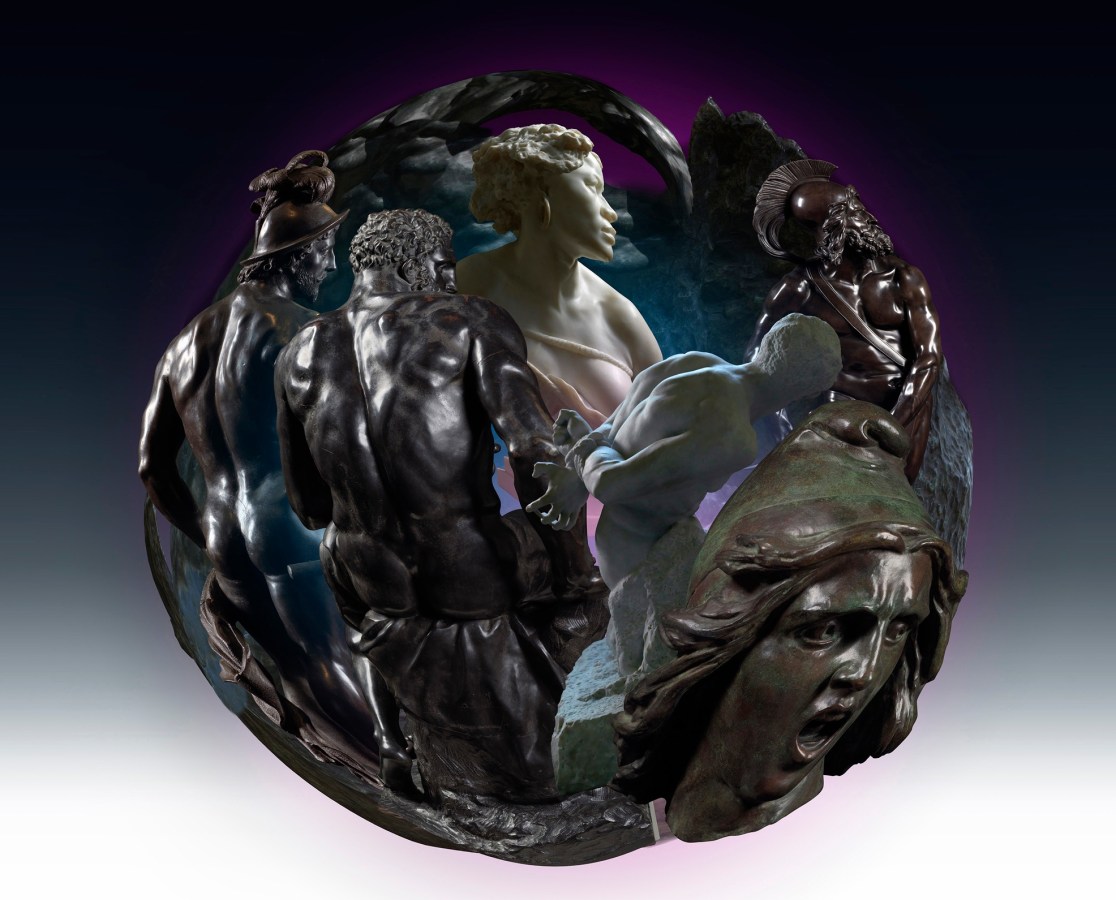 Ken Gonzales-Day Liberty: Stephan Sinding, The Slave; Jean- Baptiste Carpeaux, Why Born a Slave (Ny Carlsberg Glyptotek, Copenhagen); encircled by Hendrick de Keyser, Mars; Guillaume Boichot, Seated Hercules; Pierre -Jean David d Angers, Philopoemen; and Francois Rude, Head of the Genius of Liberty (LACMA, unless noted), 2019