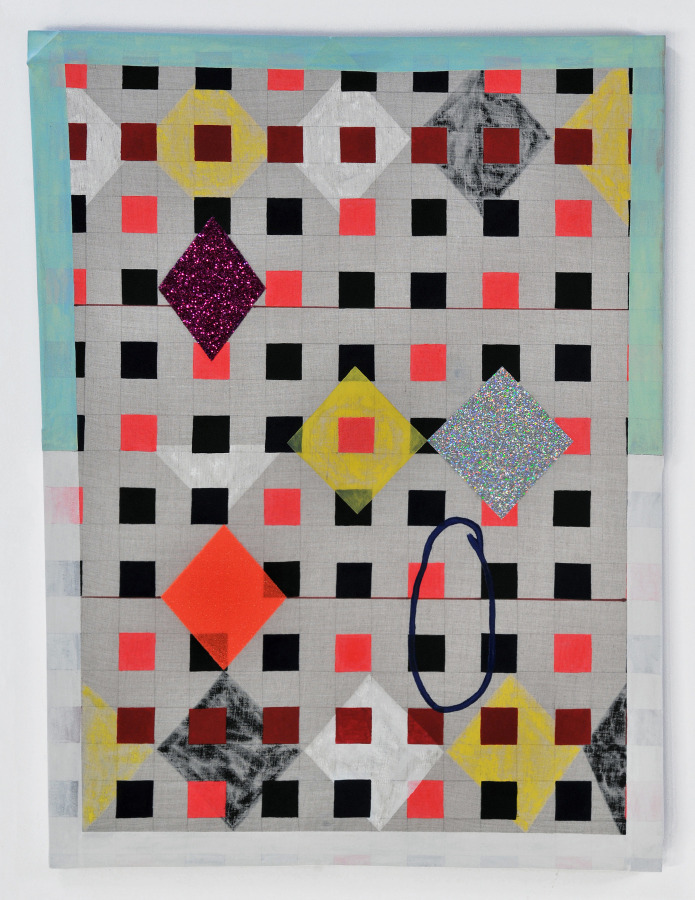 Matt Carter Checkered Joey, 2014 Glitter, acrylic, magic marker, graphite, linen and wood 26.5 x 34.5 in.
