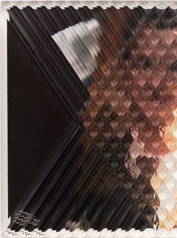 Samira Yamin (Refractions) August 6, 2012, 2018 Wheel-cut optical glass and TIME Magazine page, mounted on Sintra 10.5 x 7.25 x 1 in (26.7 x 18.4 x 2.5 cm)