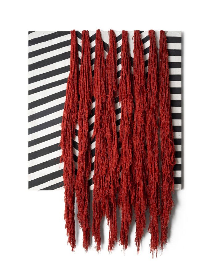 Liz Collins, Nightrider, 2022, Acrylic fabric and yarn, gesso, flashe, nails and wood, 68 x 48 x 4.5 in.