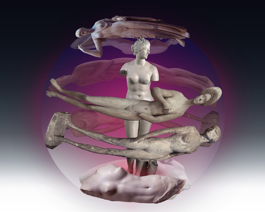 Ken Gonzales-Day Aphrodite: (center) Plaster, Aphrodite; surrounded by (top to bottom) plasters of ‘ Venus Genitrix’ and Antonio Canova, Venus Italica (Royal Cast Collection, Copenhagen); Roman Lady as Venus (Ny Carlsberg Glyptotek, Copenhagen); Unidentified, model; Aphrodite/Venus, and Venus de Medici (Cast Collection, PAFA, Philadelphia, unless noted), 2019