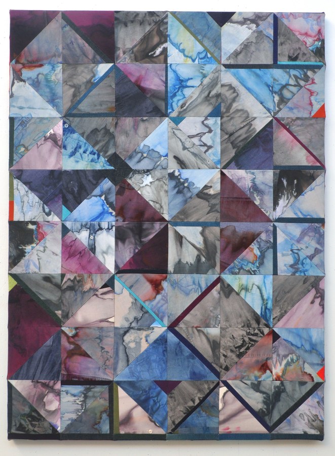 Jonathan VanDyke, Pauses, 2021, Water-based media on cotton shirts and chambray, backed in dyed and embroidered linen, with overdyed denim and twill fabrics, cut and sewn, 53 x 39 in.