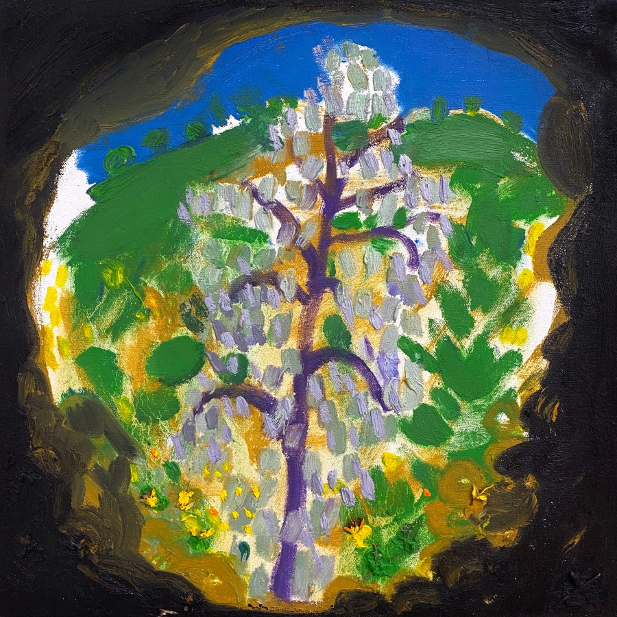 Oil painting of a purple tree from the perspective of within a cave