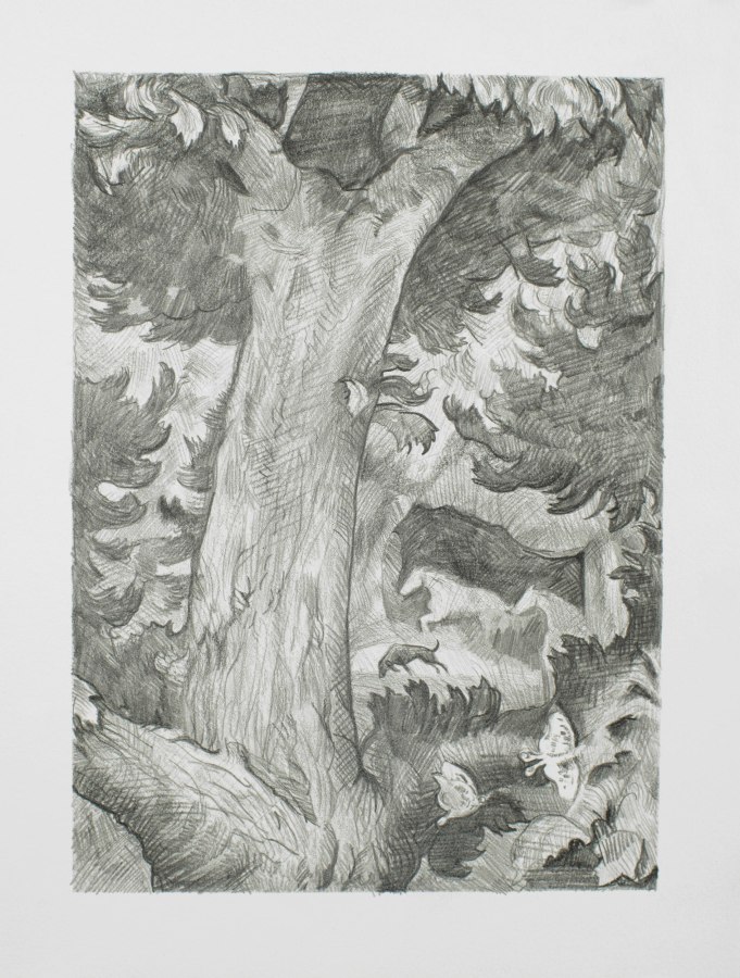 Ken Gonzales-Day, Untitled (After John Steuart Curry, The Fugitive, 1935), 2021, Archival ink and pencil on Arches BFK Rives, 15 x 11 in.