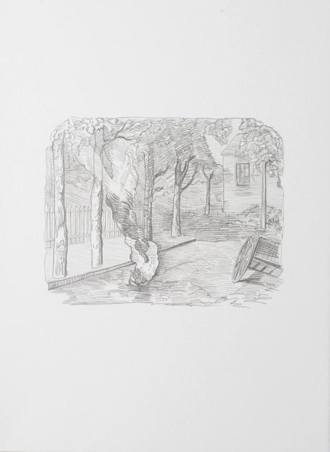 Ken Gonzales-Day, Untitled (After Harper’s Weekly, New York – Hanging and Burning a Negro in Clarkson Street, 1863), 2021, Archival ink and pencil on Arches BFK Rives, 15 x 10 in.