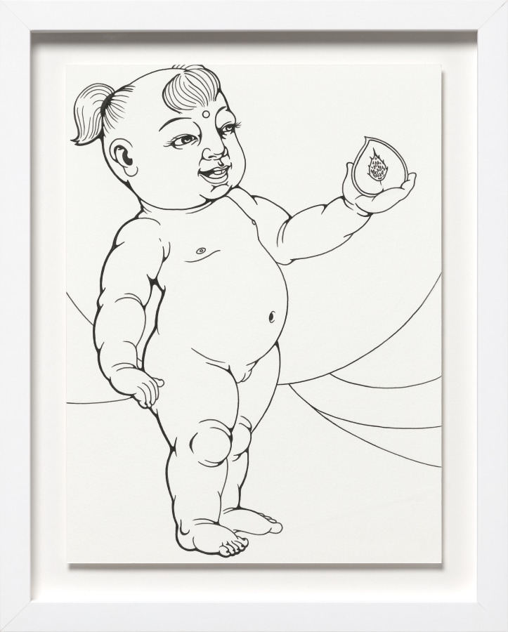 Phung Huynh, Color Me (Peach Pit), 2022, Ink on paper, 12 x 9 in.​,​​​​​ 15 x 11 in. framed