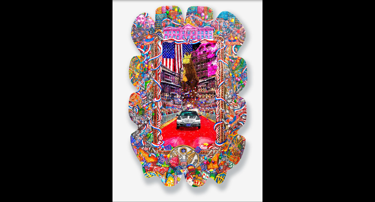 &quot;The Idolized Detractors&quot;, acrylic paint and gold leaf on shaped plexiglass mounted on a wooden frame, LED screen, video loop, 45 x 69 inches.