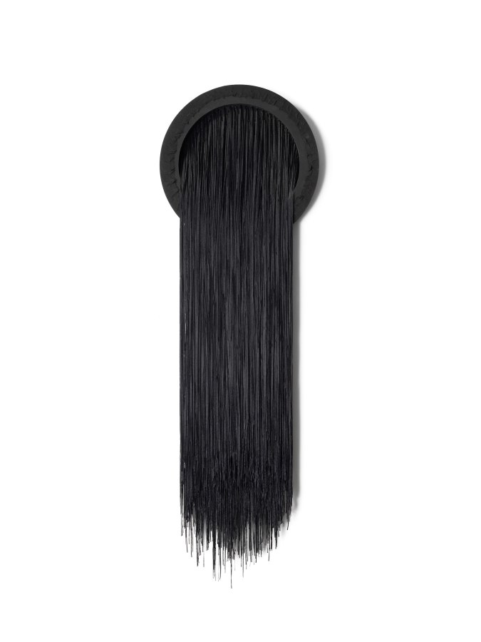 Liz Collins, Night Aqueduct, 2022, Linen, rayon, acrylic paint and wood, 64 x 20 x 1.5 in.