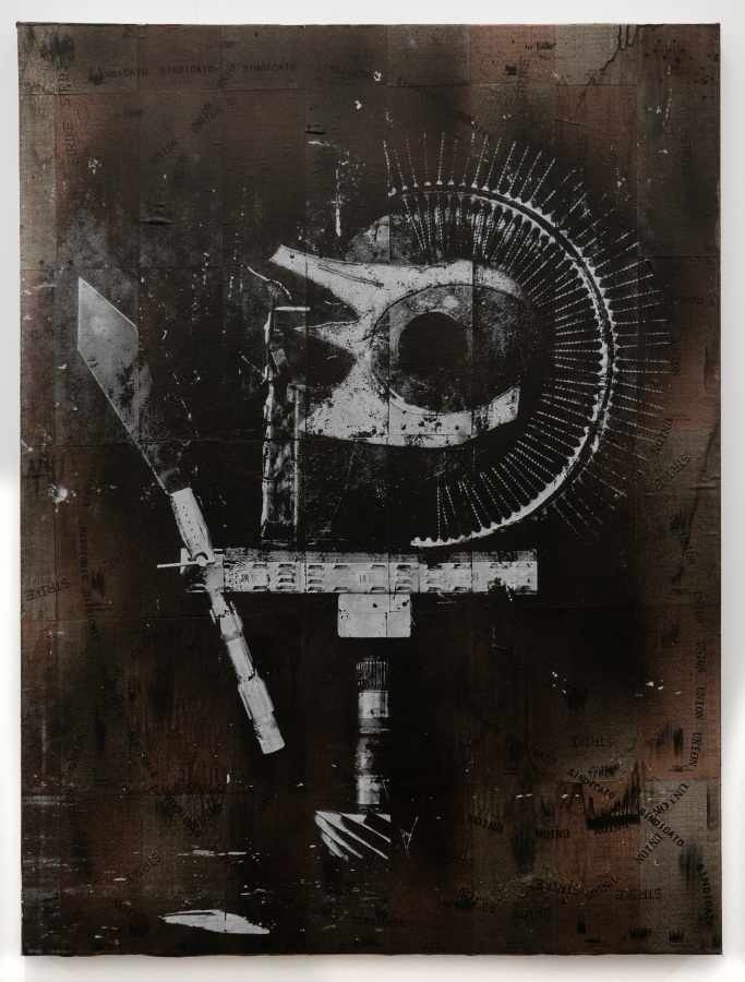 Rodrigo Valenzuela, Weapons #1, 2021, Screenprint on collaged time cards on canvas, 48 x 36 in.
