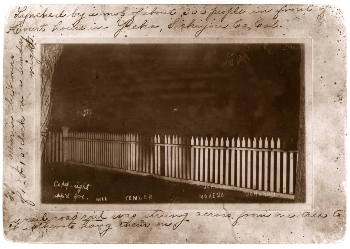 Ken Gonzalez-Day Lynched by a mob of about 300: William Null, Garland Stemier, Louis Moreno, Laurence H. Johnson, Treka, CA 1895 Erased Lynchings Set III, 2006-2019 Archival injet print on rag paper mounted on cardstock 6 x 4.5 in.