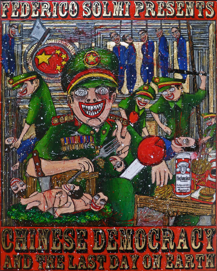 Federico Solmi  Federico Solmi Presents Chinese Democracy and The Last Day On Earth (Tyrant&rsquo;s Feast), 2012 Acrylic, ink, gold leaf on paper mounted on wood panel ​20 x 16 in.