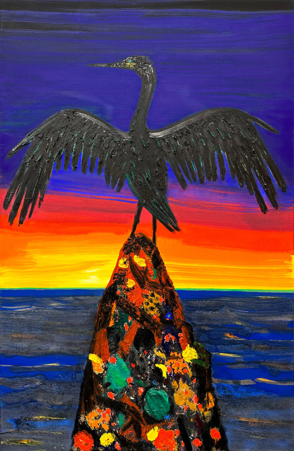 Oil painting of a bird perched on a rock overlooking the ocean