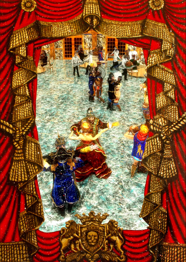 Federico Solmi, &quot;The Feast (The Ballroom),&quot; 2016, Animated video-painting in a handmade artist frame, 52 x 34 inches