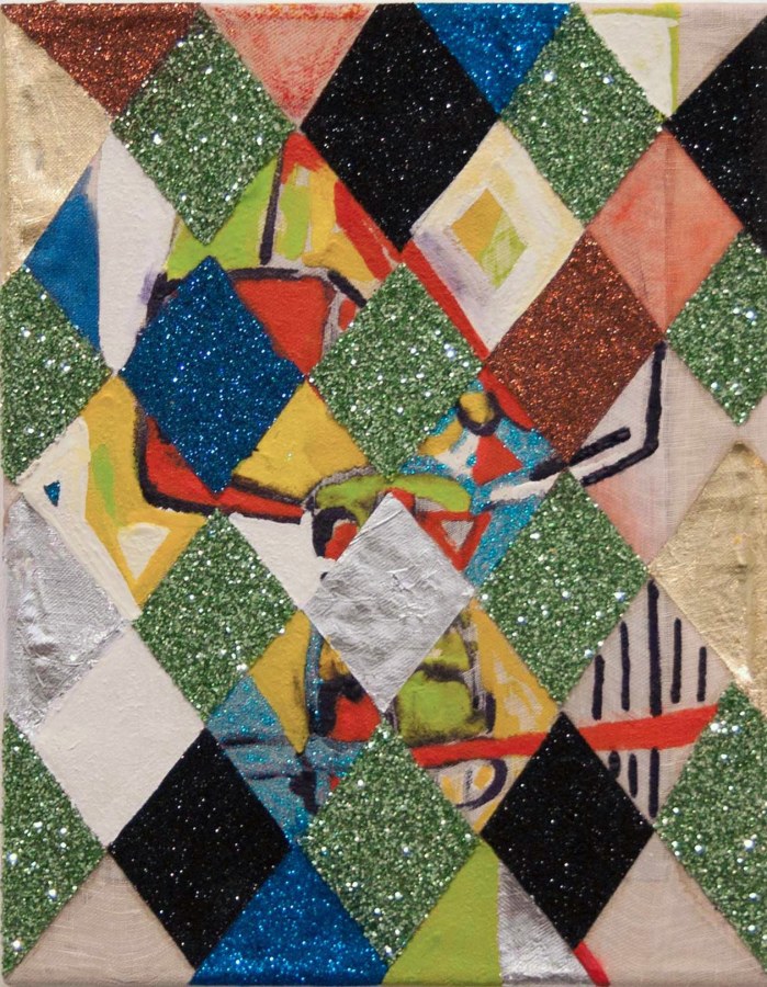 Matthew Carter Harlequin Mirror, 2013 Acrylic, glitter, gold and silver leaf on raw linen 14 x 11 in.