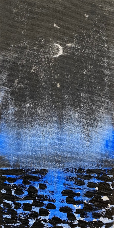 Oil painting of a crescent moon over a black and blue ocean