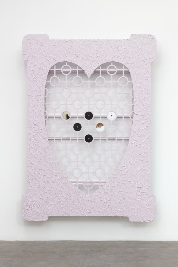 Edra Soto, Dorado II, 2021, MDF, plaster, paint, Sintra, aluminum tube, mirrored acrylic, and viewfinder, 87 x 63 x 7 inches