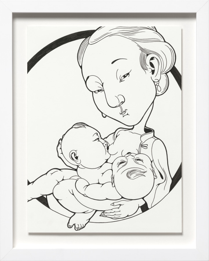 Phung Huynh, Color Me (Siamese Twins), 2022, Ink on paper, 12 x 9 in., ​​​​​​​15 x 11 in. framed