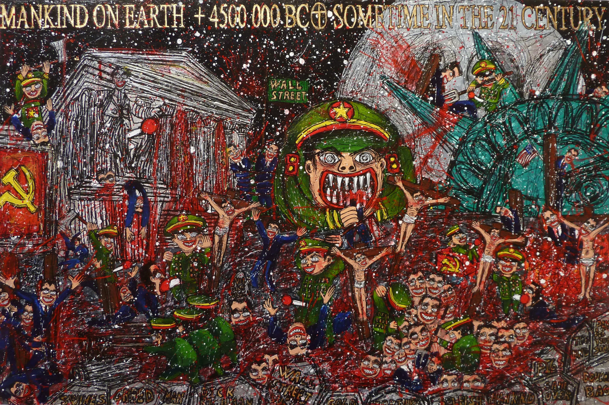 Federico Solmi Mankind on Earth (Chinese Army Slaughtering Dick Richman), 2011 Acrylic, ink, gold leaf on paper mounted on wood panel ​20 X 30 in.