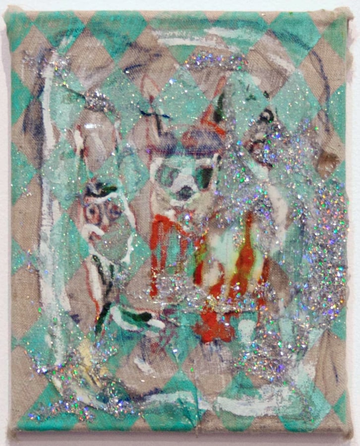 Matthew Carter  Decapitated Bunny Heads, 2013  Acrylic, glitter, wax, and mirrored Mylar on raw linen 10 x 8 in.