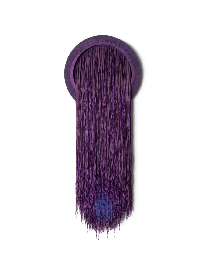 Liz Collins, Magic Aqueduct, 2022, Linen, rayon, acrylic paint and wood, 54 x 21 x 3 in.