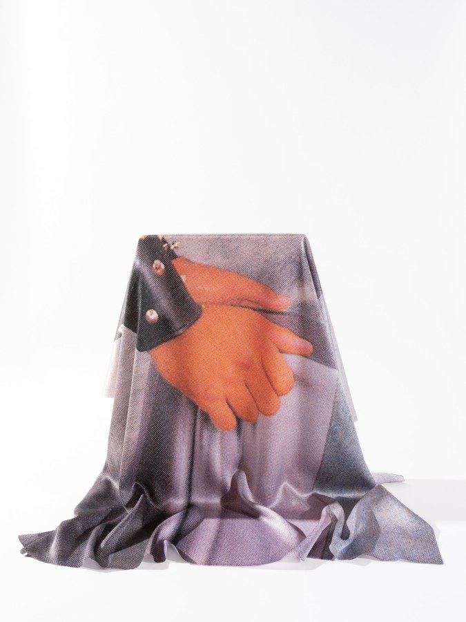 Pacifico Silano, Light Touch, 2022, Fabric, print, and wood, 27 x 15 x 20 in.