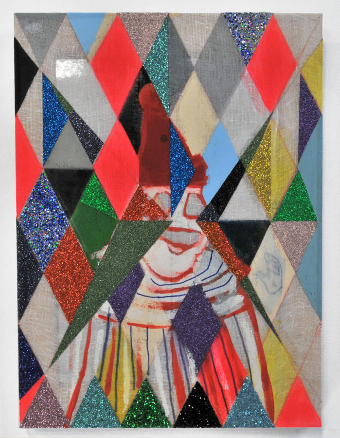 Matt Carter  Pogo, 2014 Glitter, acrylic, magic marker, graphite, wax, linen, mylar and wood  12 x 16 in.