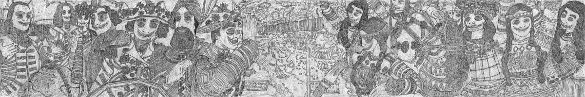 A large black and white drawing depicting colonial forces on one side and Native Americans on the other side.