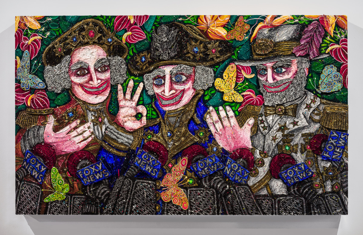 Three happy, grimacing, colonizers surrounded by flowers and butterflies behind Foxy News microphones.