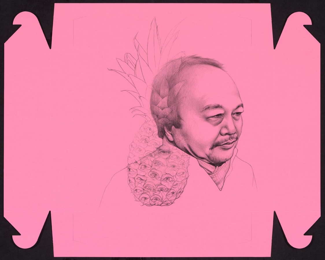 Phung Huynh, Rithy Panh, 2019-20, Graphite on pink donut box, 25&quot; x 30.5 in.