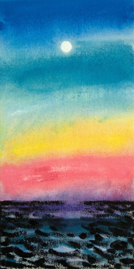 Oil painting of moon rising over the ocean after sunset