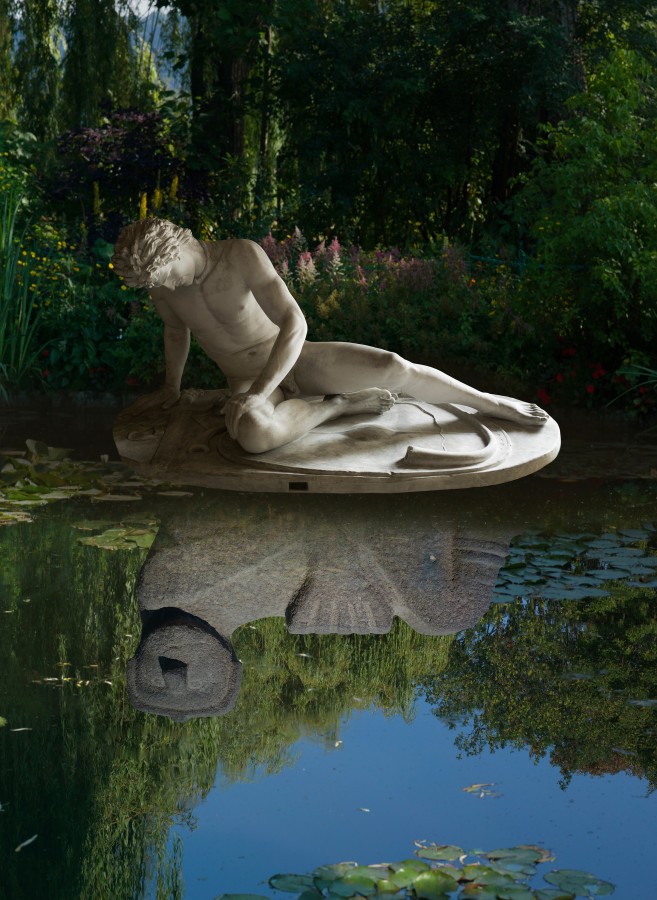 Ken Gonzales-Day Reflection (Digital Composition with Plaster Copy of Roman Copy, Dying Gaul, Royal Cast Collection, Copenhagen; Mesoamerican, Chac Mool, National Museum of Anthropology, Mexico City; Monet&rsquo;s House and Garden, Giverny), 2025