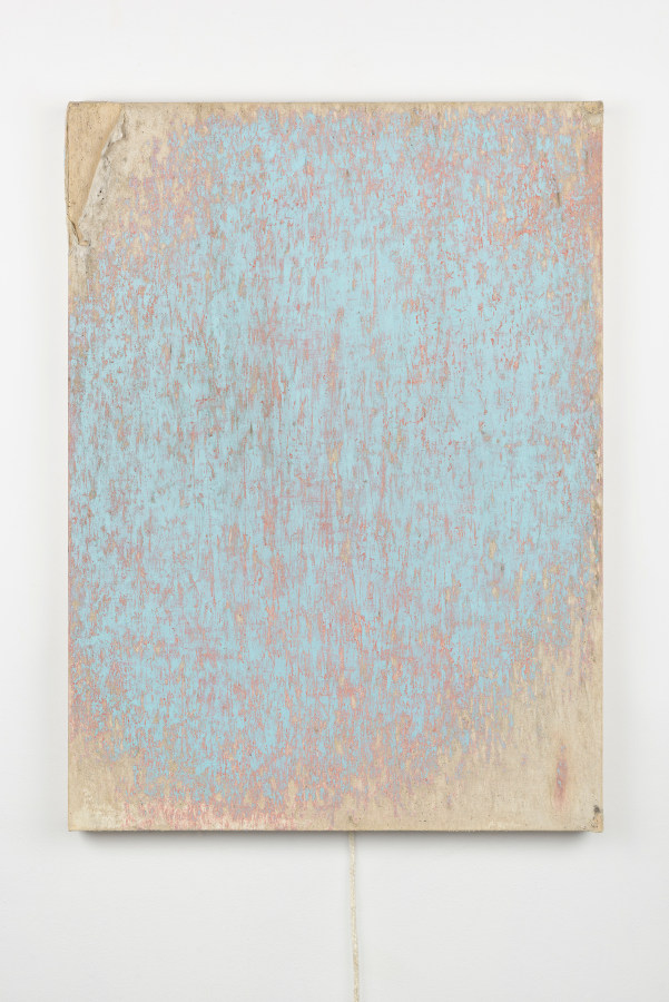 Margie Livingston PAINTINGS: Dragged Blue Painting with Orange Under, 2016 Oil and dirt on canvas with rope 30 x 22 x 1.5 in.