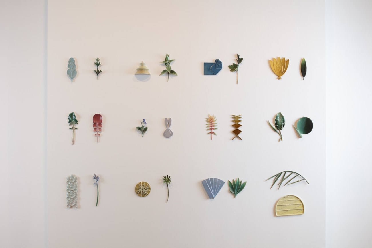 Marianne Nielsen,&nbsp;(Danish, b.1971).&nbsp;Pair&nbsp;(Wall Installation), 2018.&nbsp;51.25&quot; H x 78.75&quot; W.&nbsp;Glazed stoneware. Photo Joe Kramm