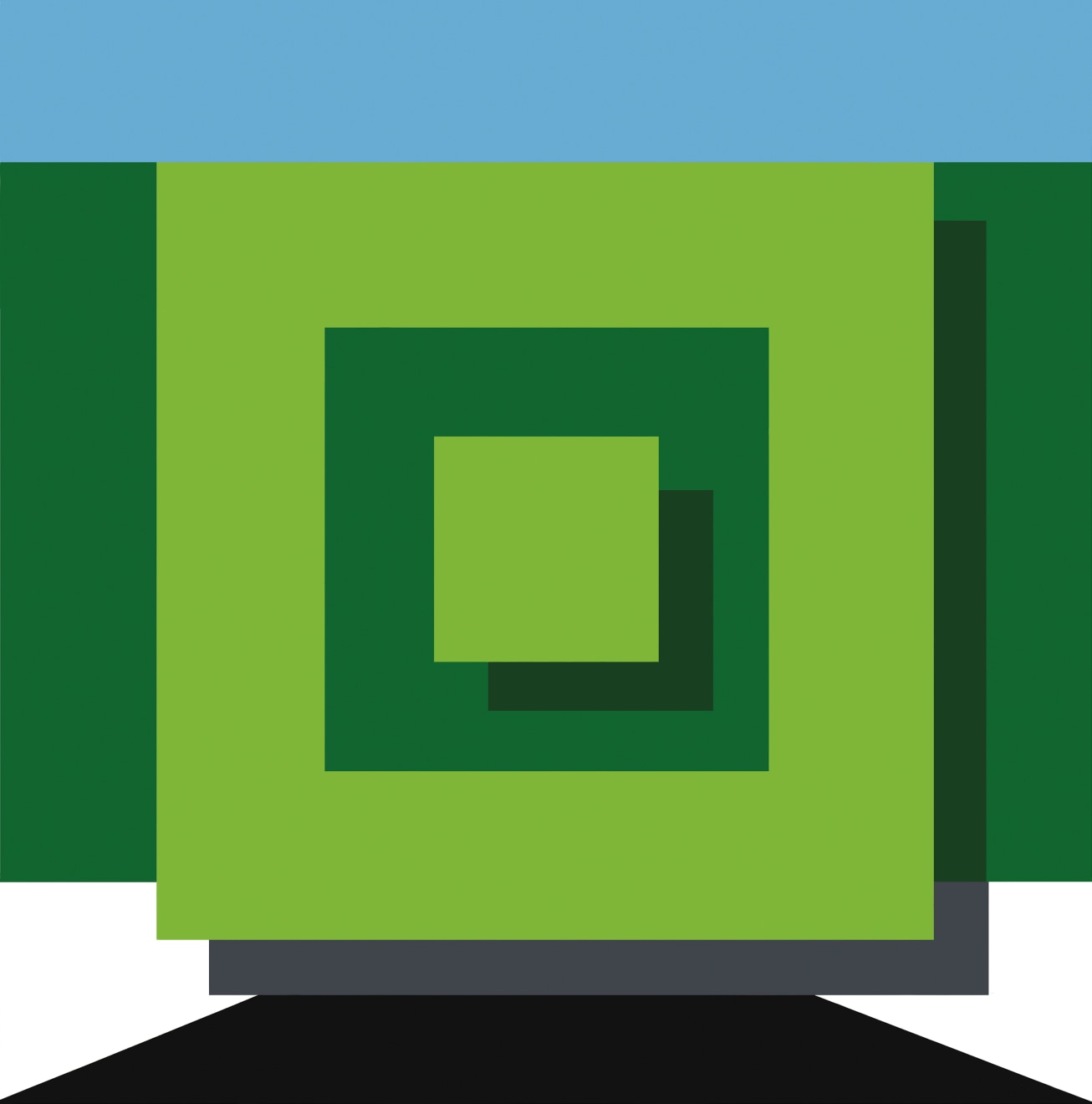 Geometric green squares with blue rectangle and black trapezoid shape
