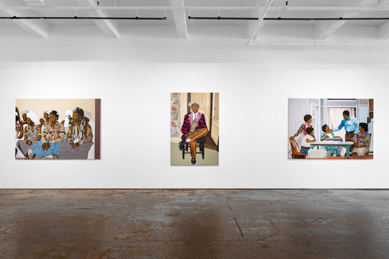 Installation view of Cornelius Annor: A Fabric of Time and Family, Venus Over Manhattan, New York