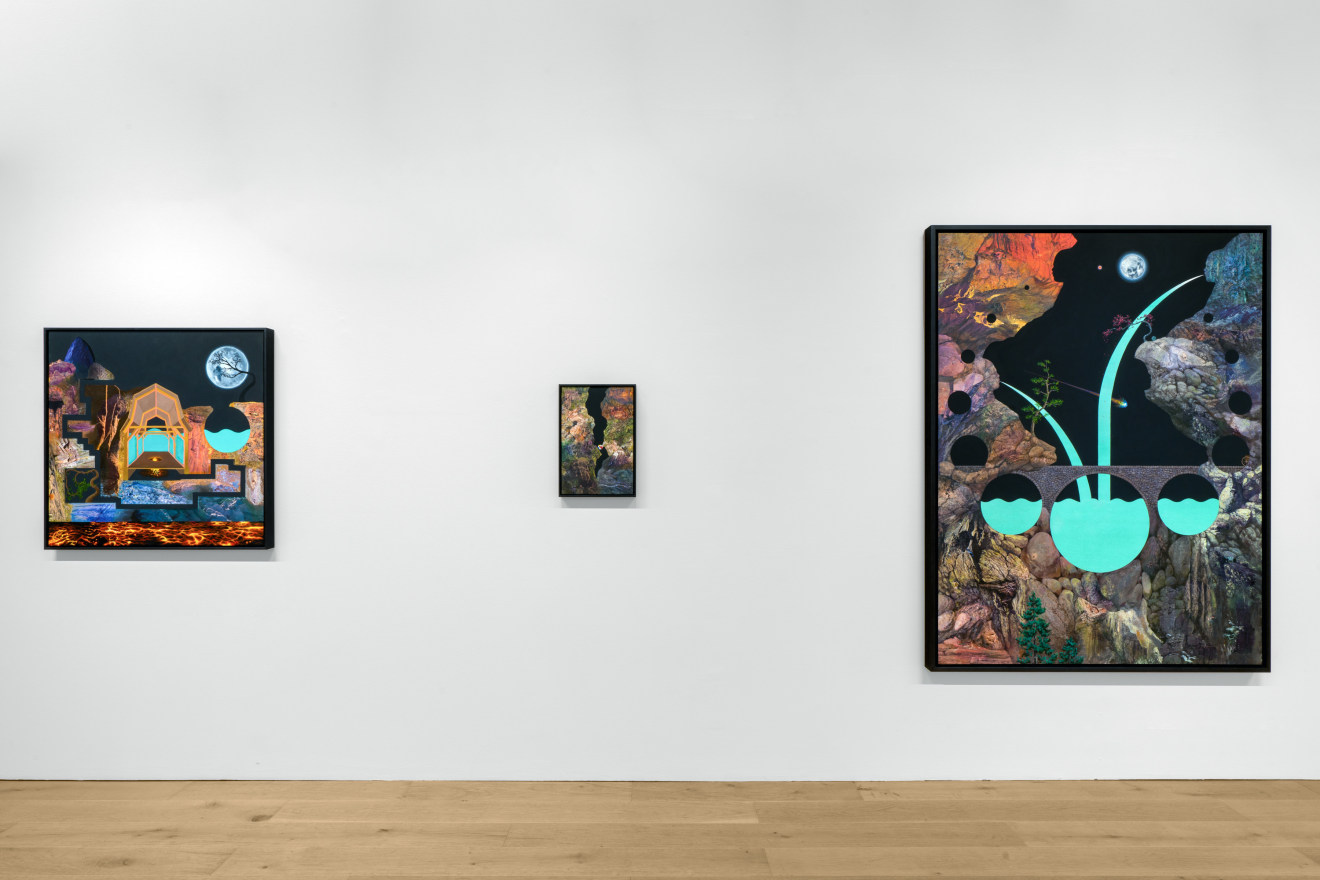 Installation view of Dustin Yellin: Cave Painting at Venus Over Manhattan, New York, 2023